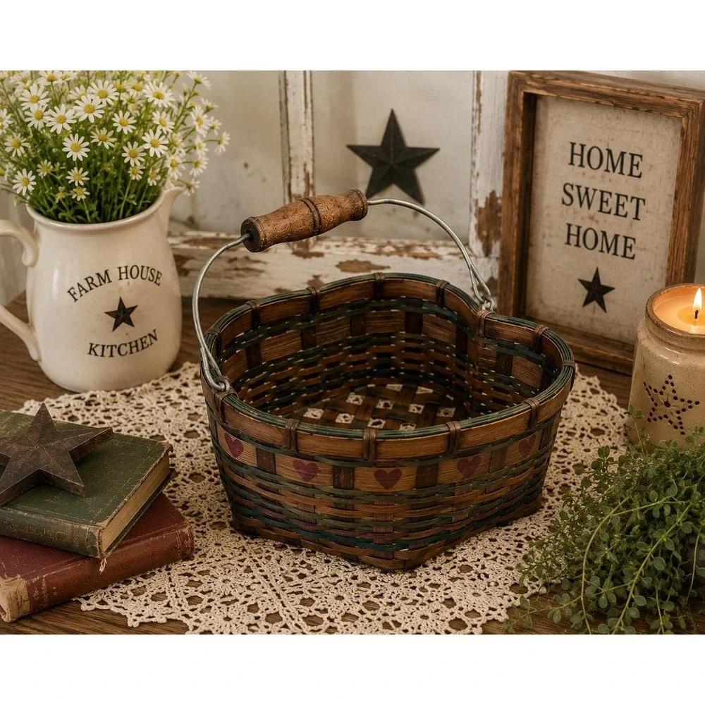 Vintage Heart Shaped Woven Basket Wood Handle Primitive Farmhouse Cottage Decor